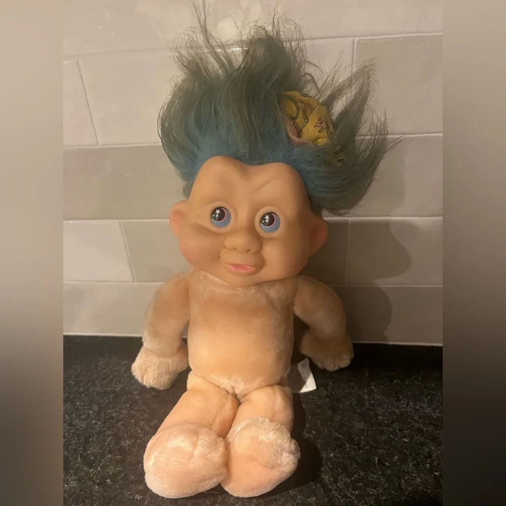 Vintage Ace 1991 Treasure Trolls Plush Doll Blue Bow Hair Toy 11